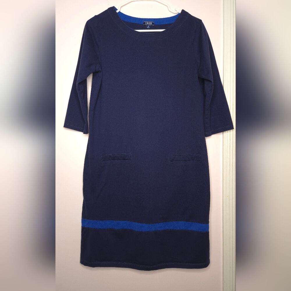 Izod Women's Navy Royal Blue Stripe ¾ Length Sleeve Dress Boat Neck Size Medium